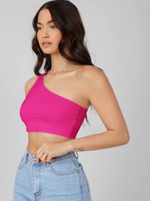 SHEIN BASICS One Shoulder Solid Crop Top - Hot Pink - View 4