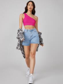 SHEIN BASICS One Shoulder Solid Crop Top - Hot Pink - View 5