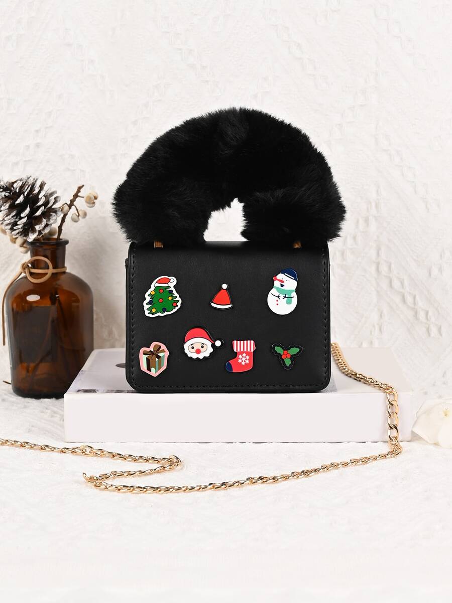 Girls Christmas Tree & Snowman Decor Chain Flap Square Bag - Black - View 1