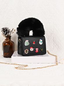 Girls Christmas Tree & Snowman Decor Chain Flap Square Bag - Black - View 6