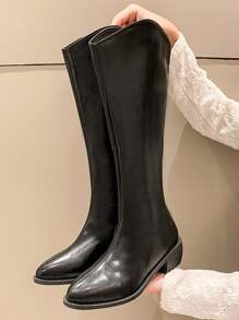 Zip Back Chunky Heeled Western Boots - Black - View 4