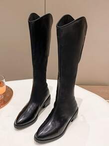 Zip Back Chunky Heeled Western Boots - Black - View 5
