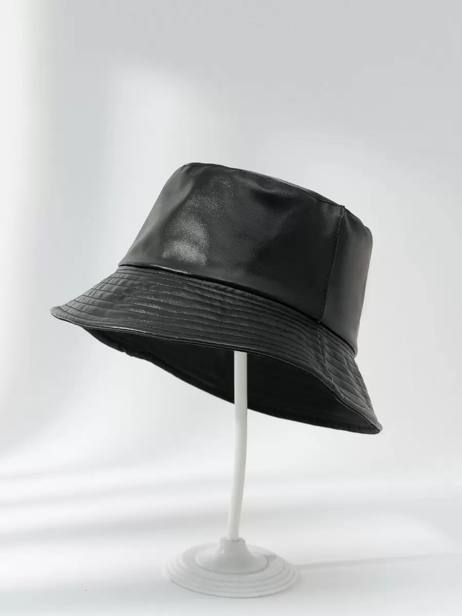 1 Mũ Ngư Dân Da Pu Nữ Có Hai Mặt, Mũ Ngư Dân Màu Đen Cổ Điển Cho Mùa Thu Đông - màu đen - Xem 1