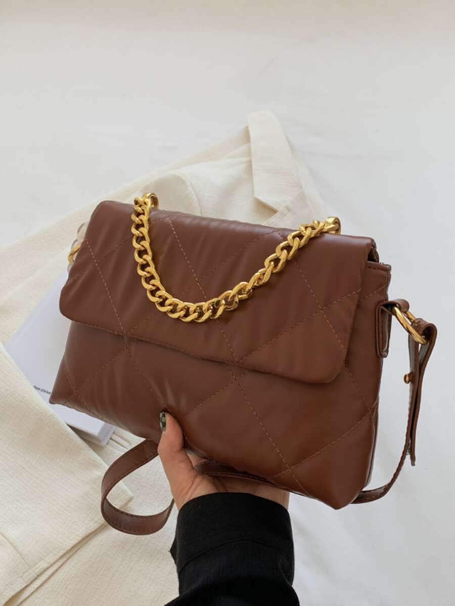 Quilted Chain Flap Square Bag - Brown - View 1