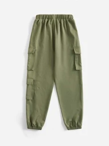 SHEIN Boys Drawstring Waist Cargo Trousers - Army Green - View 7
