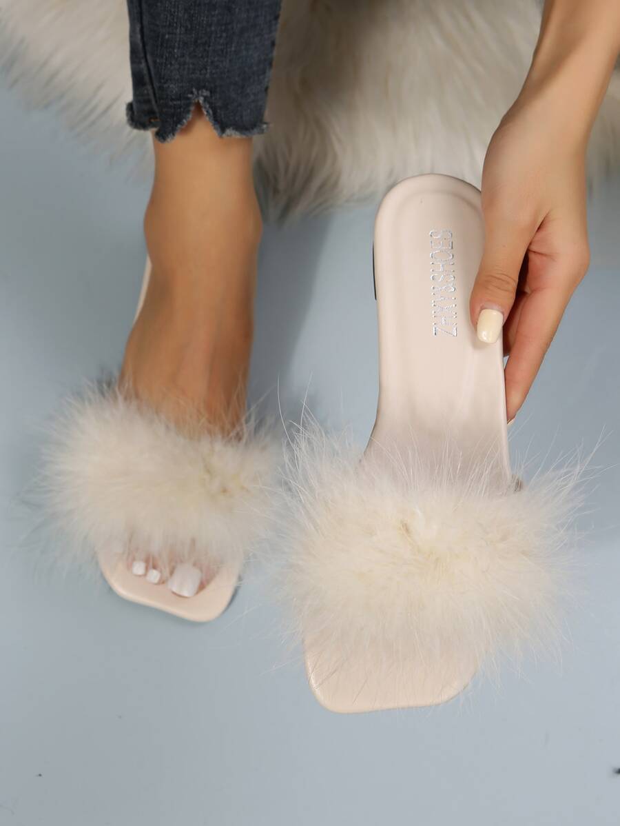 Women Fuzzy Decor Flat Sandals, Glamorous Beige Slide Sandals - Beige - View 1