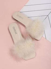 Women Fuzzy Decor Flat Sandals, Glamorous Beige Slide Sandals - Beige - View 2