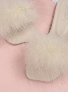 Women Fuzzy Decor Flat Sandals, Glamorous Beige Slide Sandals - Beige - View 3