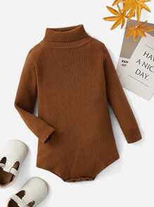 SHEIN Baby Solid Turtleneck Knit Bodysuit - Coffee Brown - View 1