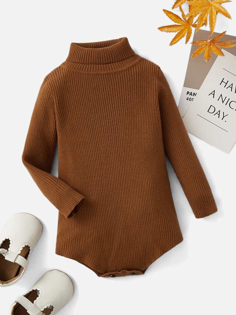 SHEIN Baby Solid Turtleneck Knit Bodysuit - Coffee Brown - View 1