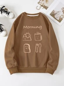 SHEIN LUNE Cartoon & Letter Graphic Thermal Lined Sweatshirt - Brown - View 1