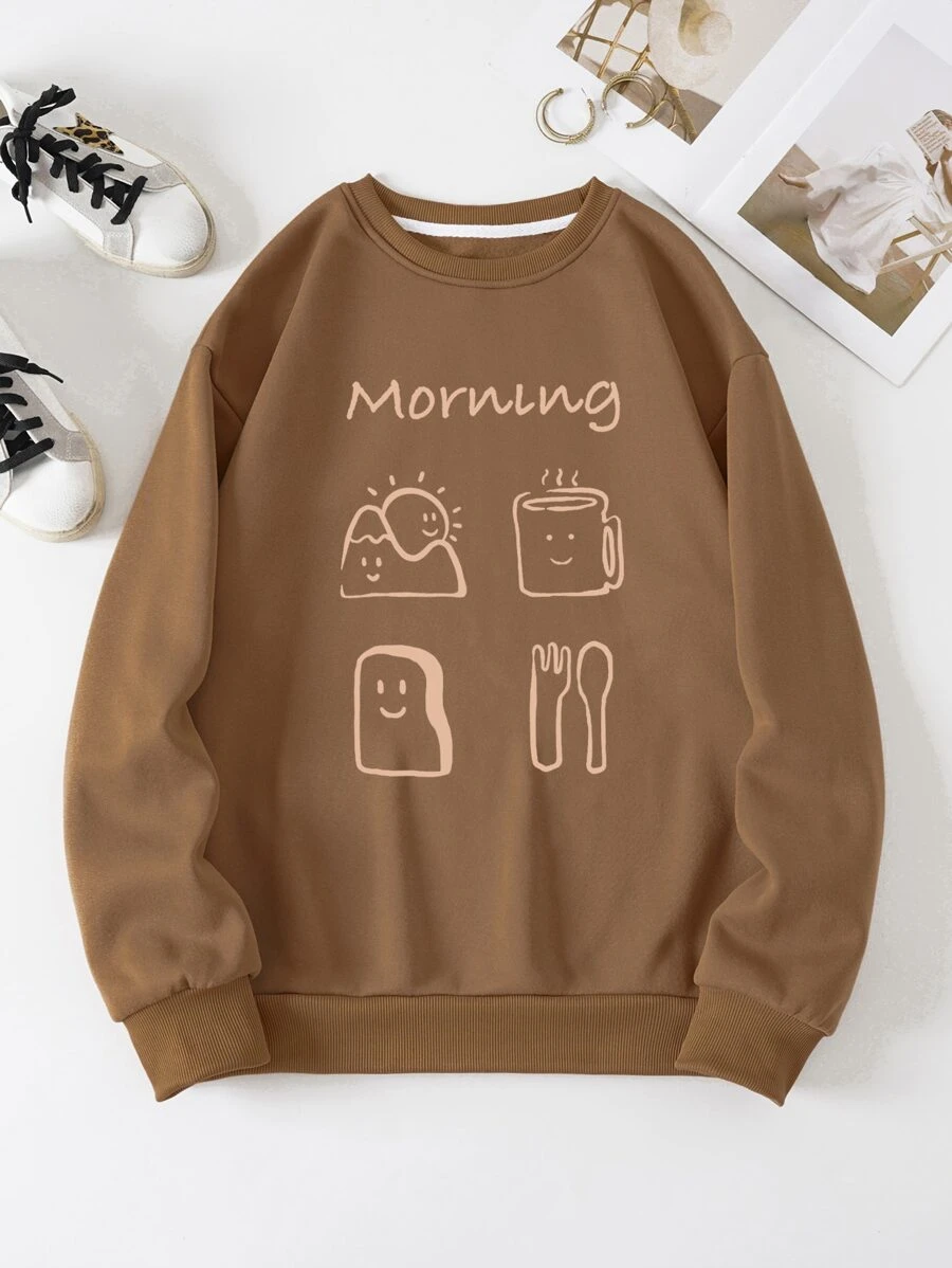 SHEIN LUNE Cartoon & Letter Graphic Thermal Lined Sweatshirt - Brown - View 1