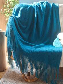 幾何提花流蘇邊蓋毯 - 寶藍色 - 查看 1