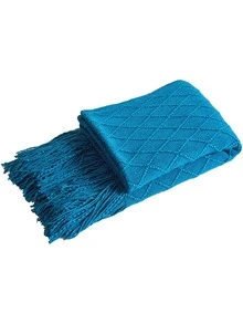 幾何提花流蘇邊蓋毯 - 寶藍色 - 查看 2