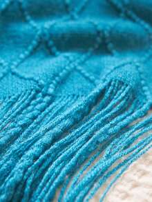 幾何提花流蘇邊蓋毯 - 寶藍色 - 查看 3