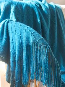 幾何提花流蘇邊蓋毯 - 寶藍色 - 查看 4