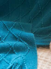 幾何提花流蘇邊蓋毯 - 寶藍色 - 查看 5