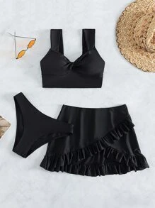 SHEIN Swim Summer Beach Solid Bikini Set Twist Tank Top & Ruffle Trim Beach Skirt & Bikini Bottom 3 Pieces Bathing Suit - Black - View 4