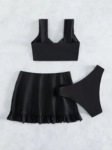 SHEIN Swim Summer Beach Solid Bikini Set Twist Tank Top & Ruffle Trim Beach Skirt & Bikini Bottom 3 Pieces Bathing Suit - Black - View 3
