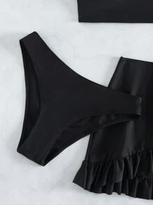 SHEIN Swim Summer Beach Solid Bikini Set Twist Tank Top & Ruffle Trim Beach Skirt & Bikini Bottom 3 Pieces Bathing Suit - Black - View 5