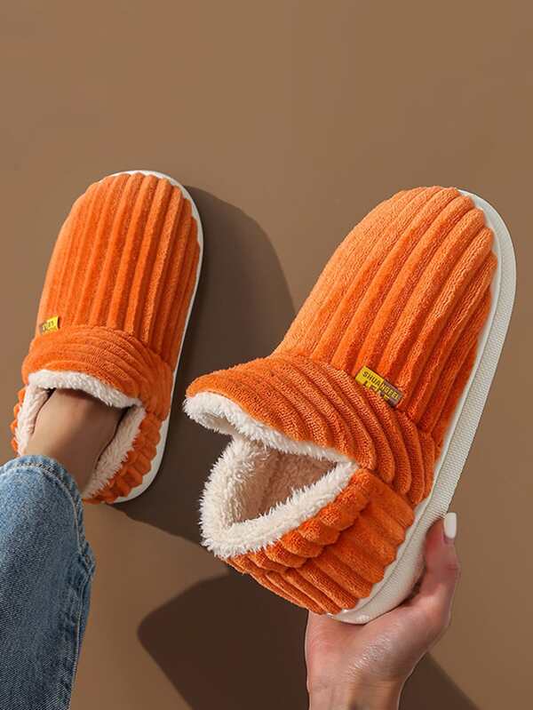 Fall/Winter Women's Orange Futuristic Letter Applique Bedroom Slippers With Warm Thermal Lined,Halloween,Fluffy Slippers