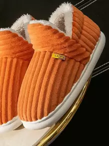 秋冬女士橙色未来主义字母贴花卧室拖鞋，带保暖内衬，万圣节主题，毛绒拖鞋 - 橘色 - 查看 3