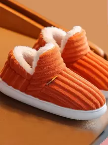 秋冬女士橙色未来主义字母贴花卧室拖鞋，带保暖内衬，万圣节主题，毛绒拖鞋 - 橘色 - 查看 4