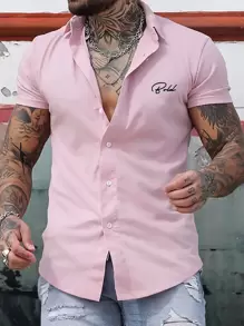 Manfinity Homme Men Letter Graphic Button Up Shirt - Pink - View 1