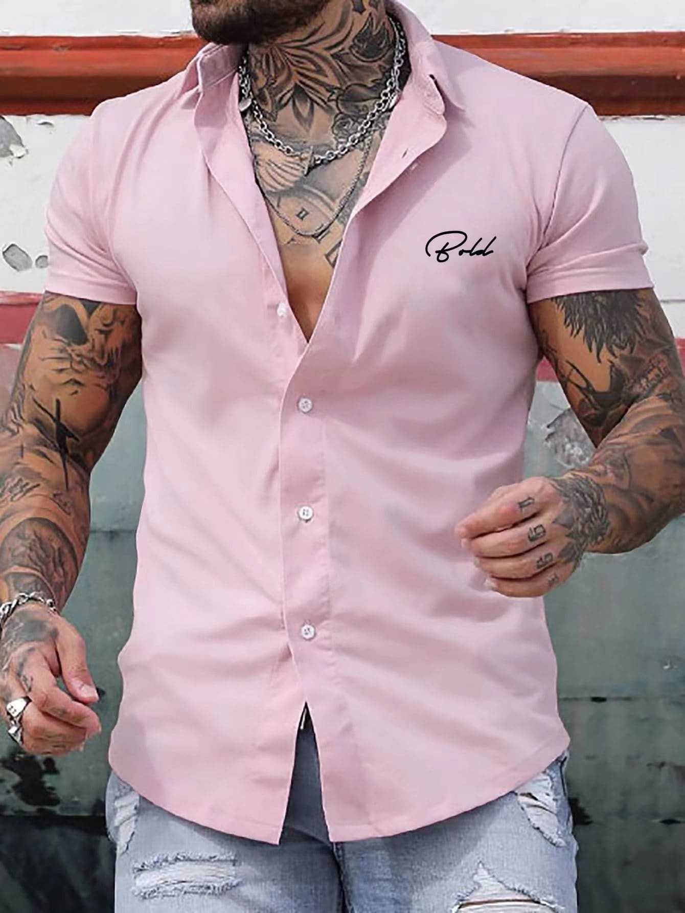 Manfinity Homme Men Letter Graphic Button Up Shirt - Pink - View 1