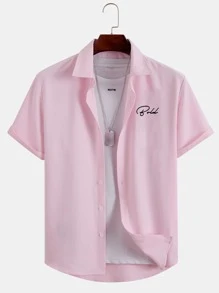 Manfinity Homme Men Letter Graphic Button Up Shirt - Pink - View 3