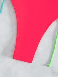 Plain Drawstring Side One Piece Swimsuit - Watermelon Pink - View 5