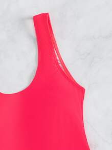 Plain Drawstring Side One Piece Swimsuit - Watermelon Pink - View 4
