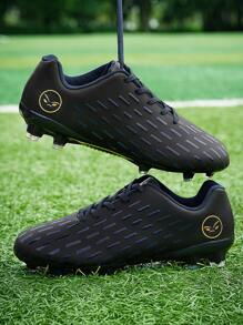 TOLLN 1 Pair Men's All-Black FG Spikes PU Waterproof & Abrasion-Resistant Football/Soccer Shoes With Mirror Reflective Surface - Black - View 2