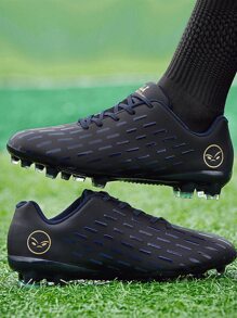 TOLLN 1 Pair Men's All-Black FG Spikes PU Waterproof & Abrasion-Resistant Football/Soccer Shoes With Mirror Reflective Surface - Black - View 4