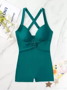 SHEIN Swim Summer Beach Ring Linked Cross Back One Piece Swimsuit - Teal Blue - View 3