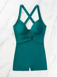 SHEIN Swim Summer Beach Ring Linked Cross Back One Piece Swimsuit - Teal Blue - View 5