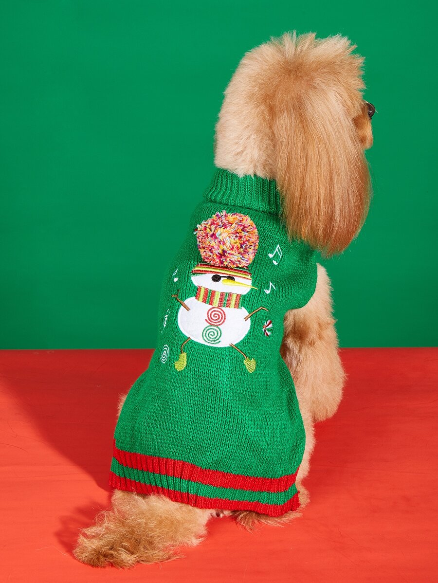 1件綠色針織寵物毛衣,帶有毛絨球和聖誕樂譜印花,適用於狗狗,冬季保暖 - 綠色 - 查看 1
