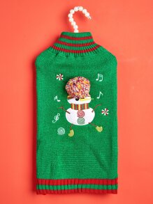 1件綠色針織寵物毛衣,帶有毛絨球和聖誕樂譜印花,適用於狗狗,冬季保暖 - 綠色 - 查看 2
