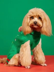 1件綠色針織寵物毛衣,帶有毛絨球和聖誕樂譜印花,適用於狗狗,冬季保暖 - 綠色 - 查看 3