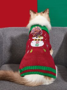 1 件红色宠物狗毛衣，适合秋冬季，圣诞节针织温暖毛绒球雪人音乐贴花，适合泰迪/金毛猎犬 - 紅色 - 查看 1