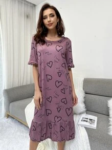 Vestido para dormir con estampado de corazón y slogan bajo con fruncido - Púrpura malva - Ver 1