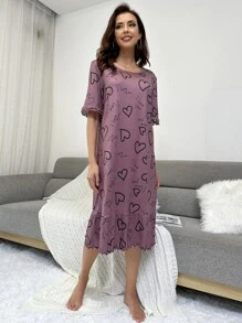 Vestido para dormir con estampado de corazón y slogan bajo con fruncido - Púrpura malva - Ver 6