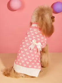 Autumn/Winter Warm Pink & Red Princess Pet Sweater, Heart & Bow Knitted Elastic Crew Neck Poodle, French Bulldog, Bichon Frise Sweater - Multicolor - View 1