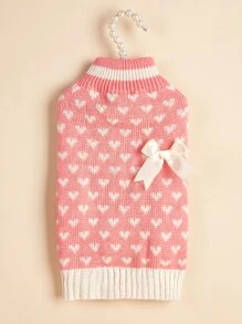 Autumn/Winter Warm Pink & Red Princess Pet Sweater, Heart & Bow Knitted Elastic Crew Neck Poodle, French Bulldog, Bichon Frise Sweater - Multicolor - View 3