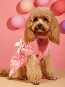 Autumn/Winter Warm Pink & Red Princess Pet Sweater, Heart & Bow Knitted Elastic Crew Neck Poodle, French Bulldog, Bichon Frise Sweater - Multicolor - View 6