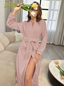 Bata de dormir de franela con cinturón, otoño e invierno - Rosa vieja - Ver 5