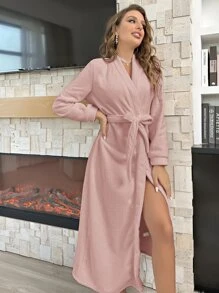 Bata de dormir de franela con cinturón, otoño e invierno - Rosa vieja - Ver 6