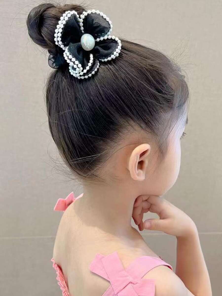 1 Dây buộc tóc hình hoa xinh xắn cỡ lớn cho bé gái, Phụ kiện tóc organza giả ngọc trai màu nâu, Thích hợp cho cuộc sống hàng ngày và đi học - màu đen - Xem 1