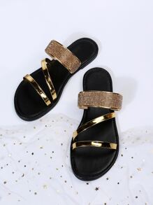 Women's Summer New Fashion Crystal Thong Flat Sandals Commuting Slippers - Gold - View 2
