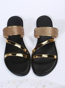 Women's Summer New Fashion Crystal Thong Flat Sandals Commuting Slippers - Gold - View 6